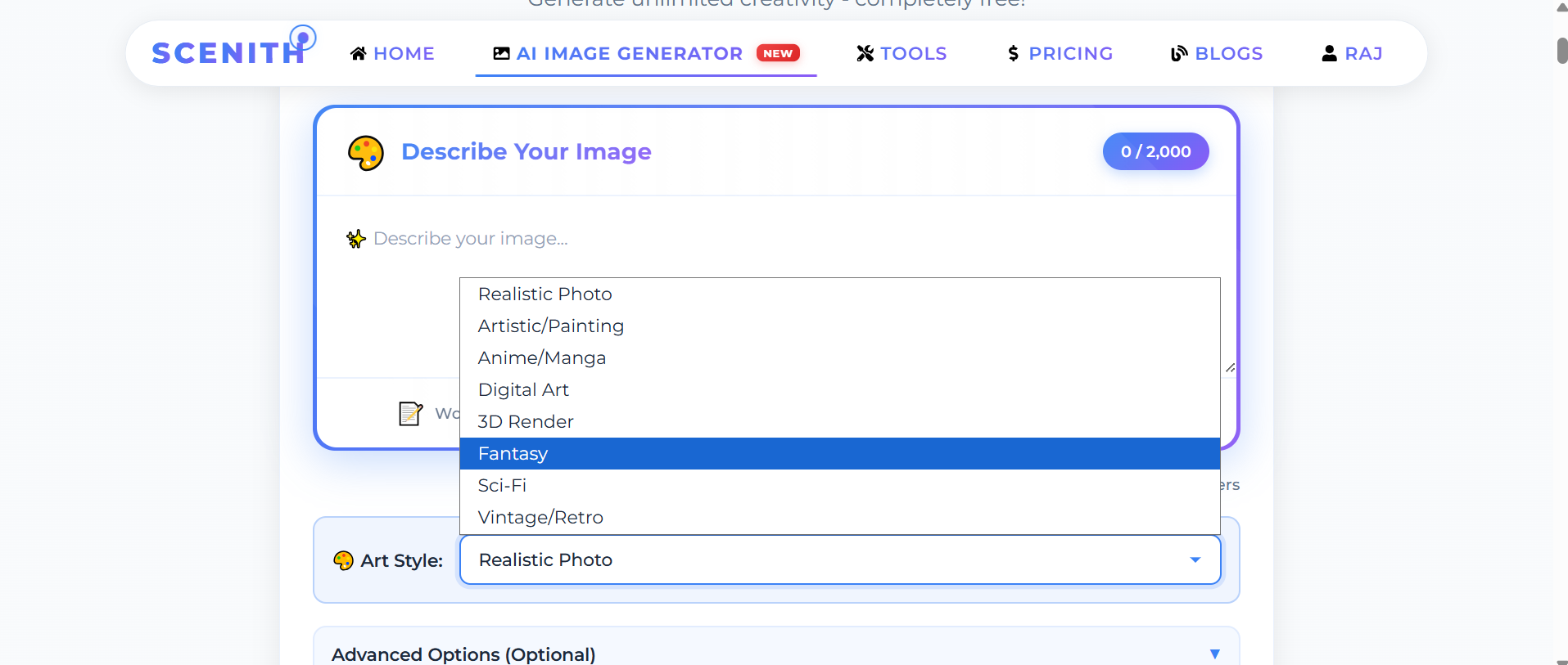 AI image generator for social media showing text-to-image creation with multiple art styles for Instagram, YouTube, and TikTok