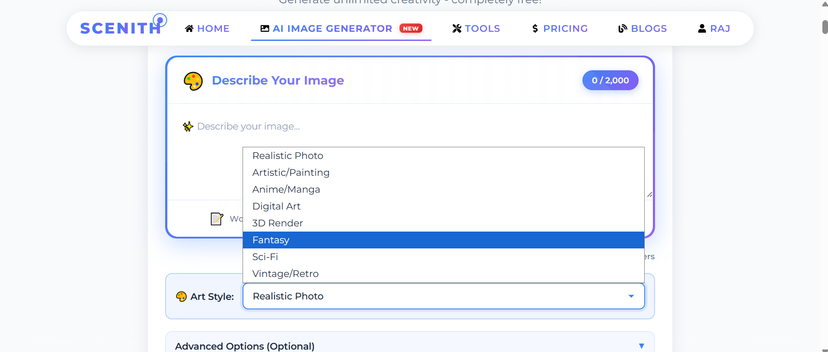 Text to image AI example showing the generator interface with style selection and photorealistic output