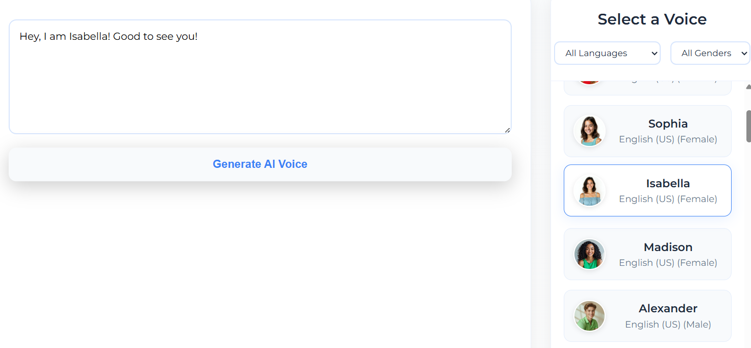 YouTube voice generator interface showing AI voice selection for faceless channel narration