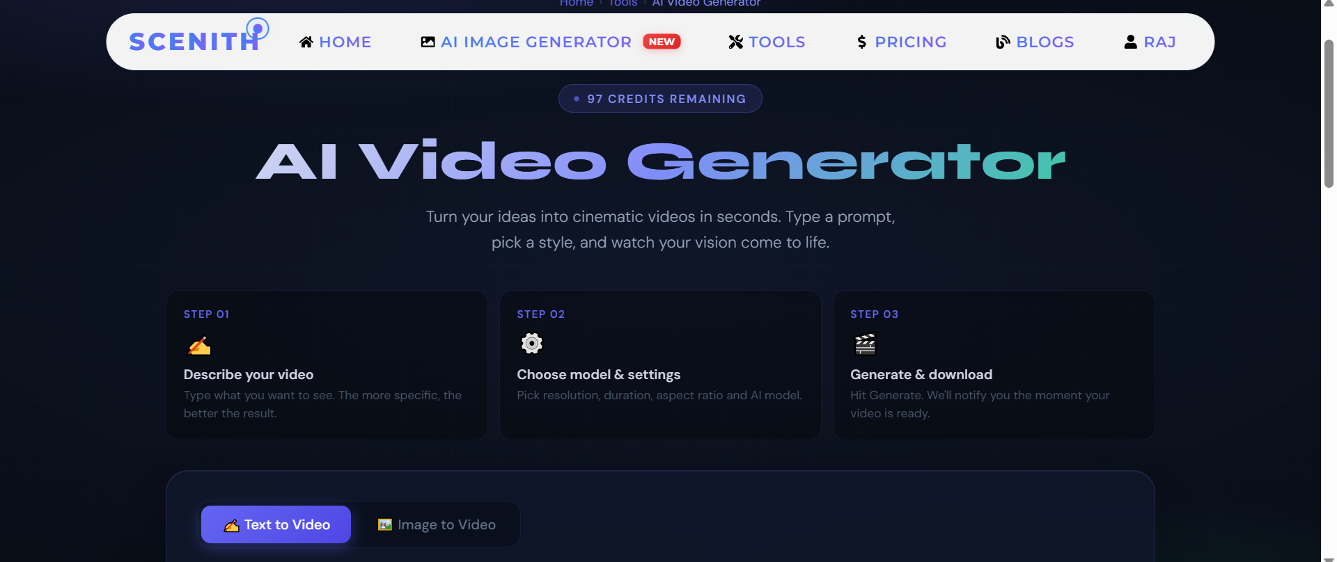 Scenith AI video generator interface showing TikTok-optimised 9:16 video generation with text prompts, model selection, and aspect ratio controls