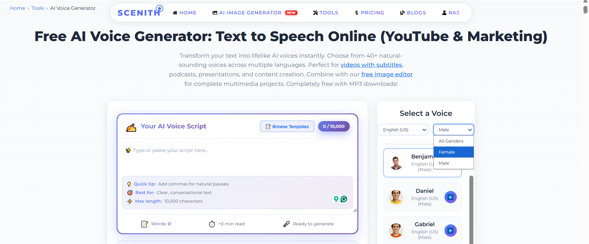 Scenith AI voice generator showing American English accent voice options for US content creators