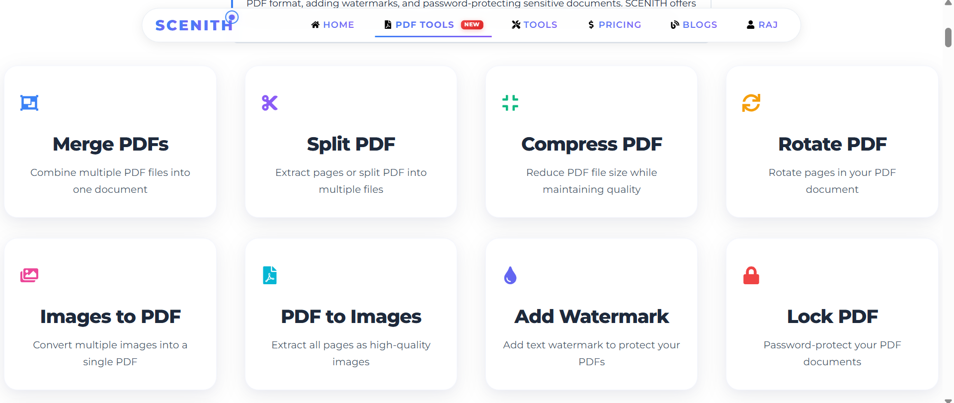 PDF Operations Suite showing 9 free PDF tools for Indian users including merge, split, compress and more