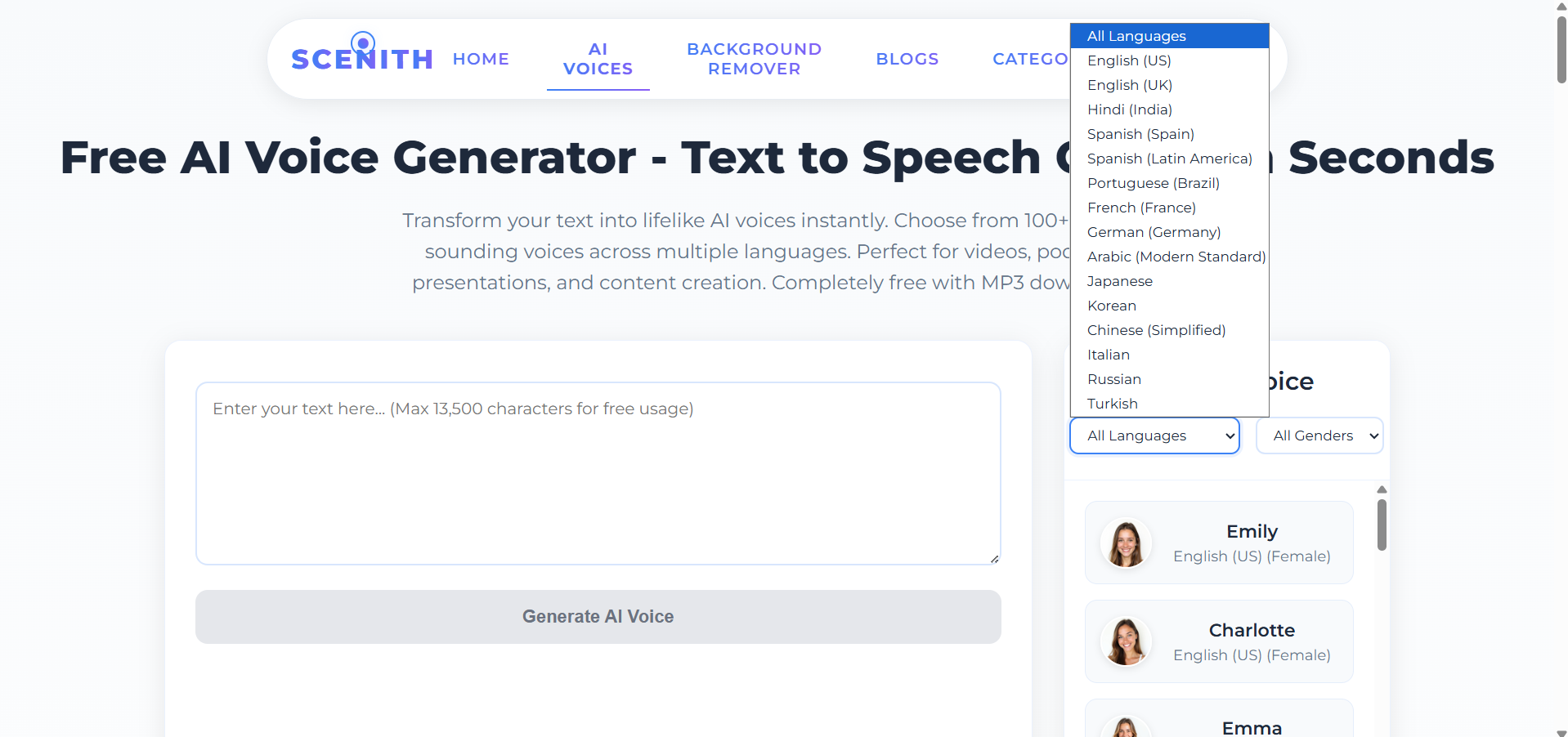Scenith AI Voice Generator voice selection panel with diverse language and gender options