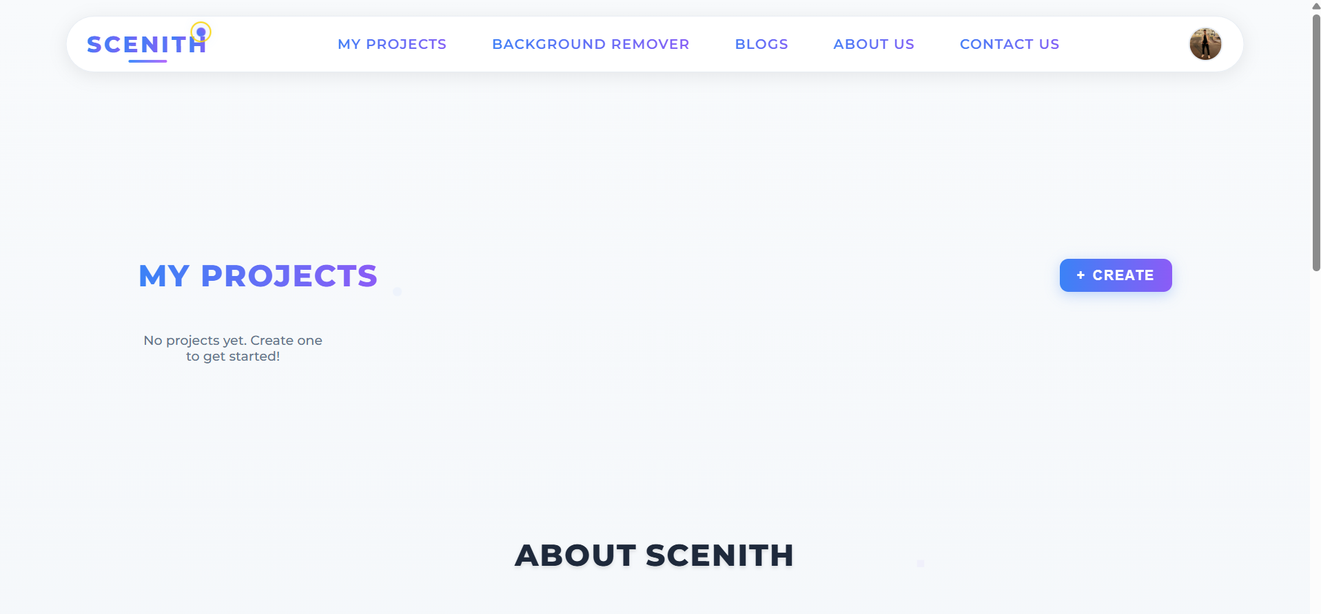 Scenith Dashboard with Create Button