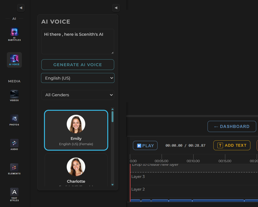 Scenith Text-to-Speech Interface with Language Selection and Generation