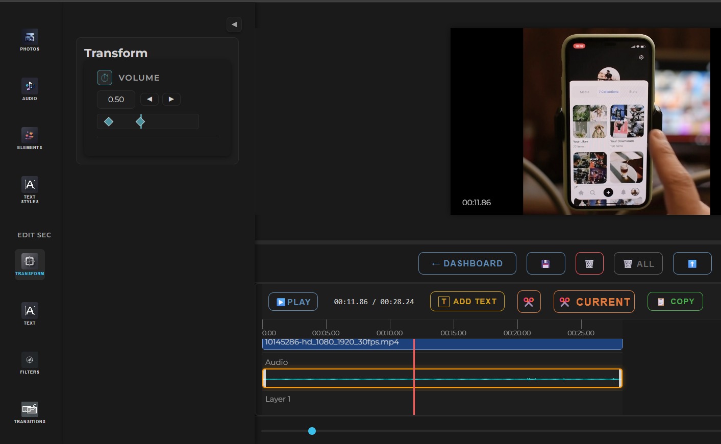 Scenith Audio Keyframe Interface Showing Volume Adjustment